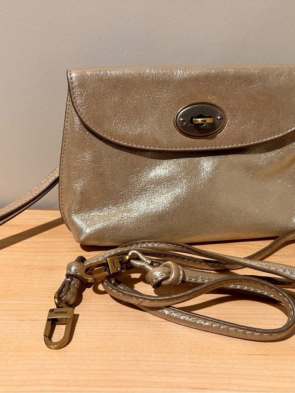 Fossil Metallic Taupe Wristlet Crossbody with Turn-Lock
